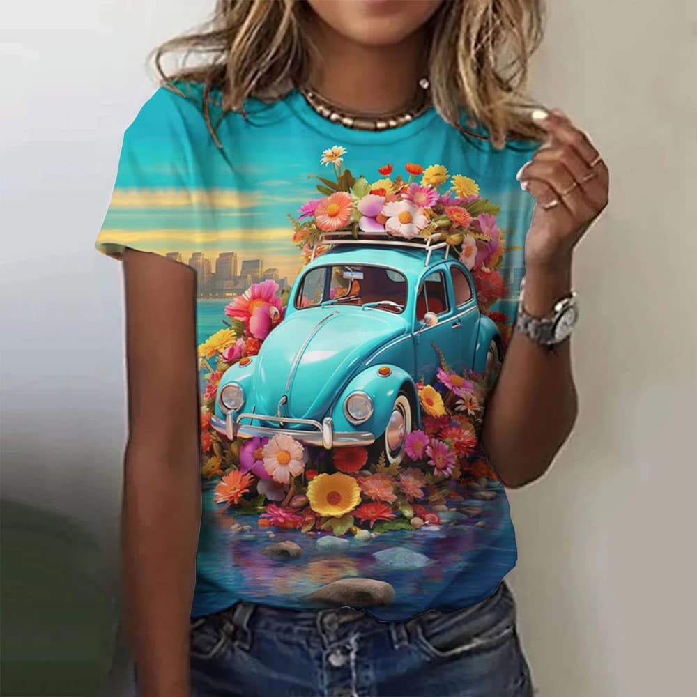 2025 nouveau T-shirt femme dessin animé voiture impression Hippie Bus hauts femmes tendance vêtement