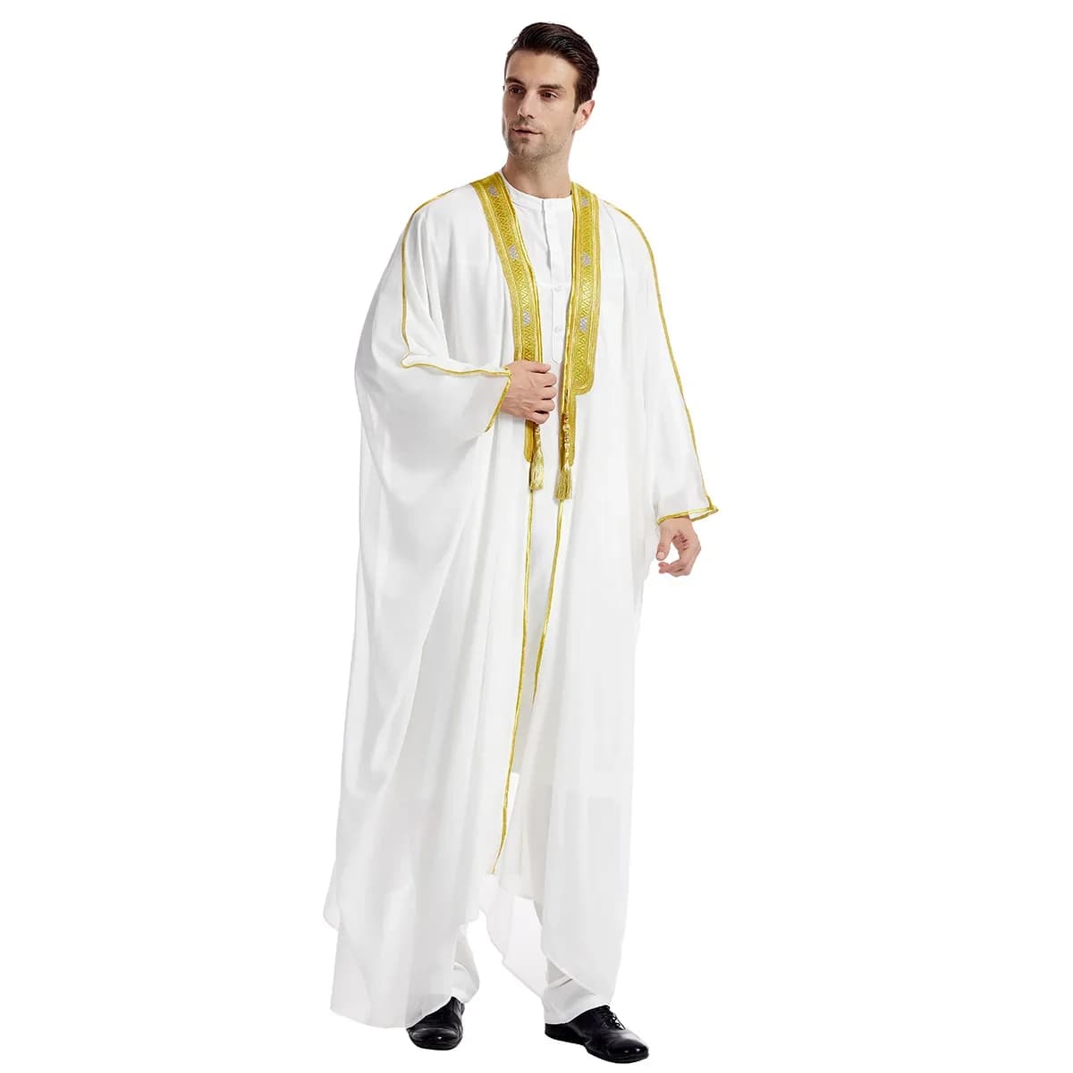Robe islamique en mousseline à manches longues pour homme, vêtement brodé marocain et arabe, tenue e