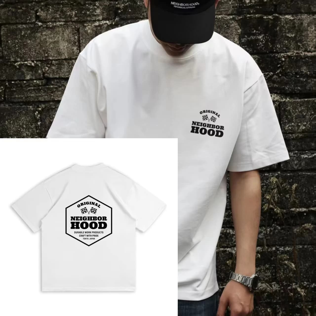 T-shirt graphique original Neighborhood pour hommes et femmes, style streetwear oversize, avec logo 