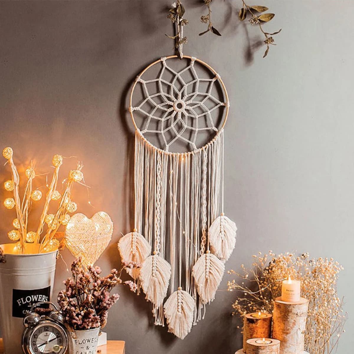 Attrape-rêves en macramé, feuille bohème, décoration murale nordique, tapisserie faite à la main, or