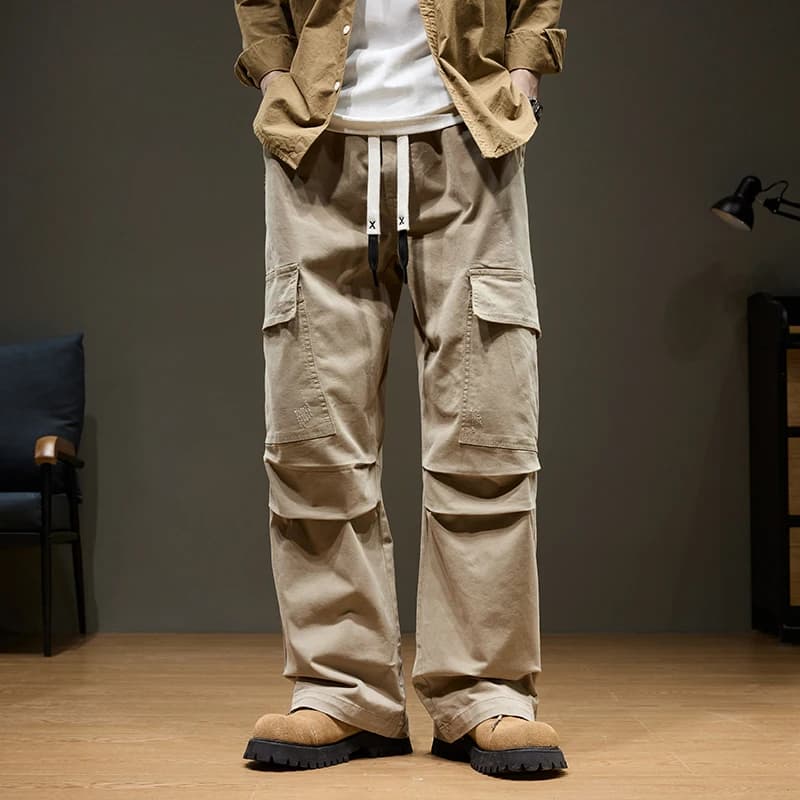 Baggy pantalon Cargo à jambes larges homme 100% coton multi-poches épissage extérieur ample droit au
