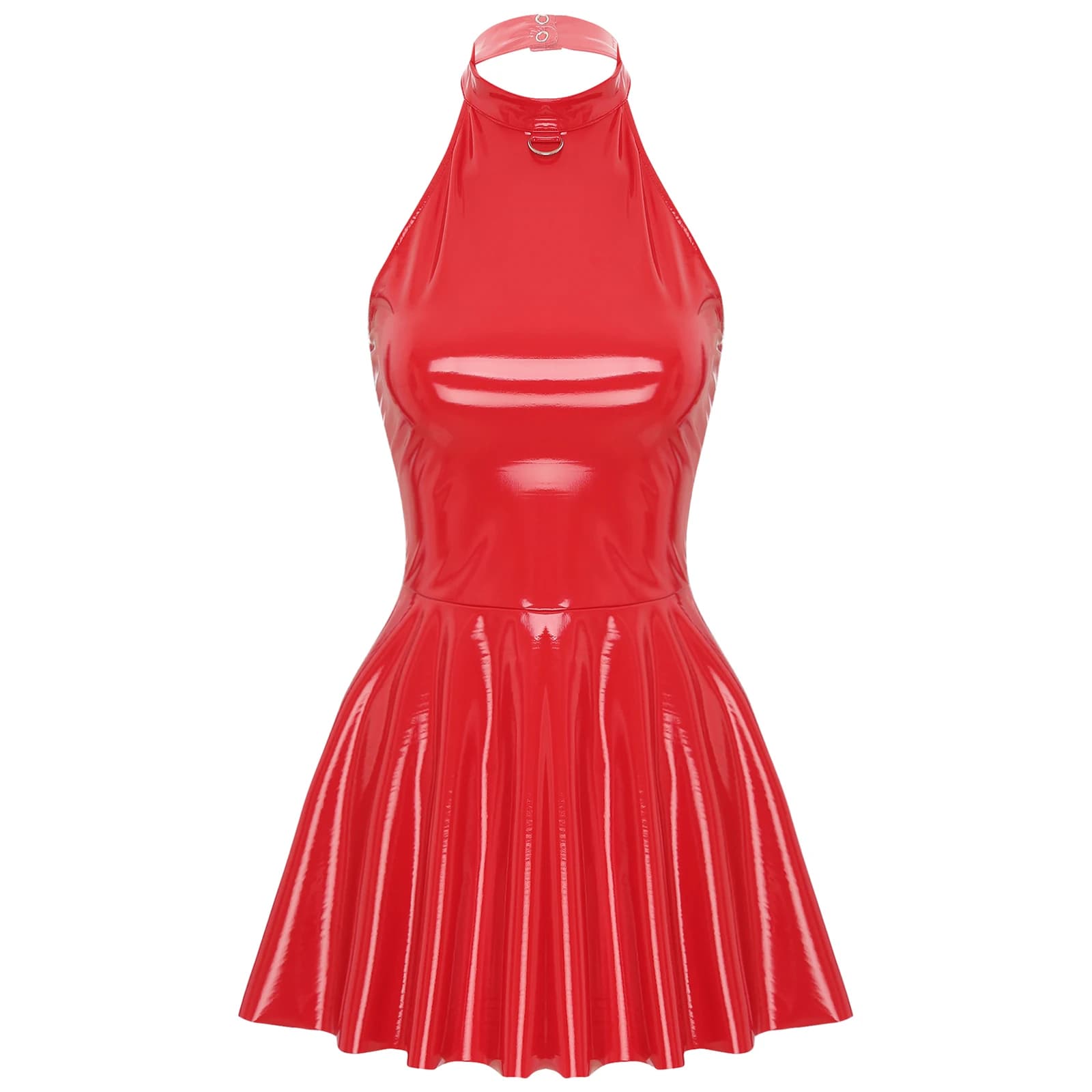 Robe brillante en cuir verni pour femmes, Look mouillé, Clubwear, col licou, sans manches, Mini robe