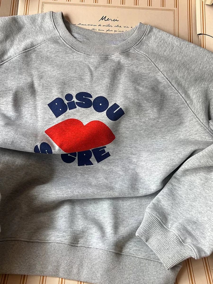 Lettre imprimer gris Terry sweat femmes automne nouveau col rond à manches longues sweats Femme Vint
