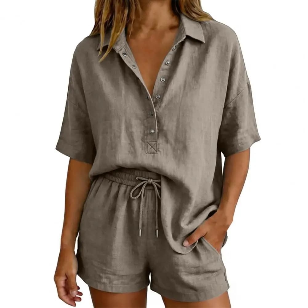 Ensemble chemisier et short en mousseline pour femme, élégant, en lin, uni, vêtements de plage, cost