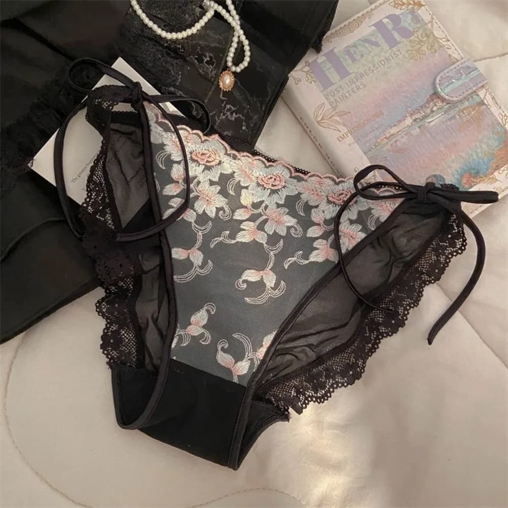 Culottes taille basse brodées de fleurs en dentelle de coton transparente pour femme