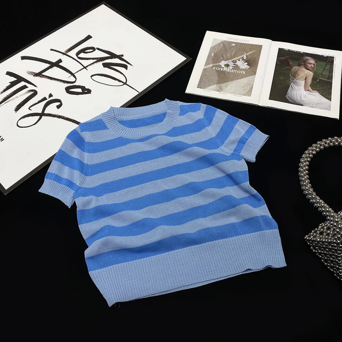 [YOZOU] bleu rayé basique tricoté été femme à manches courtes culture hauts T-shirt retour à l'école
