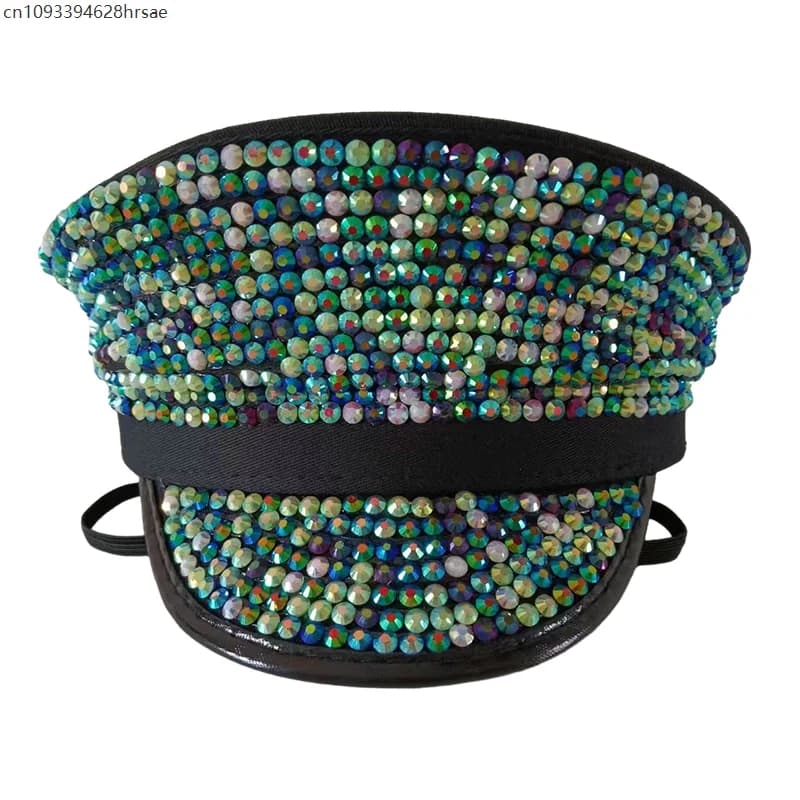 Chapeau militaire à paillettes brillantes et strass, nouveauté, chapeau de sergent brillant, casquet