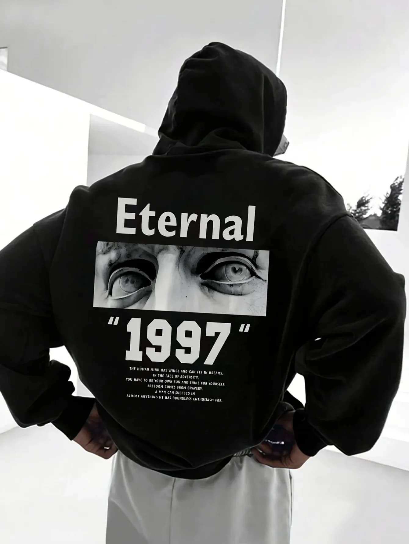 Sweat à capuche polaire pour homme, noir vintage, avec motif yeux sculptés et photo Eternal 1997, im