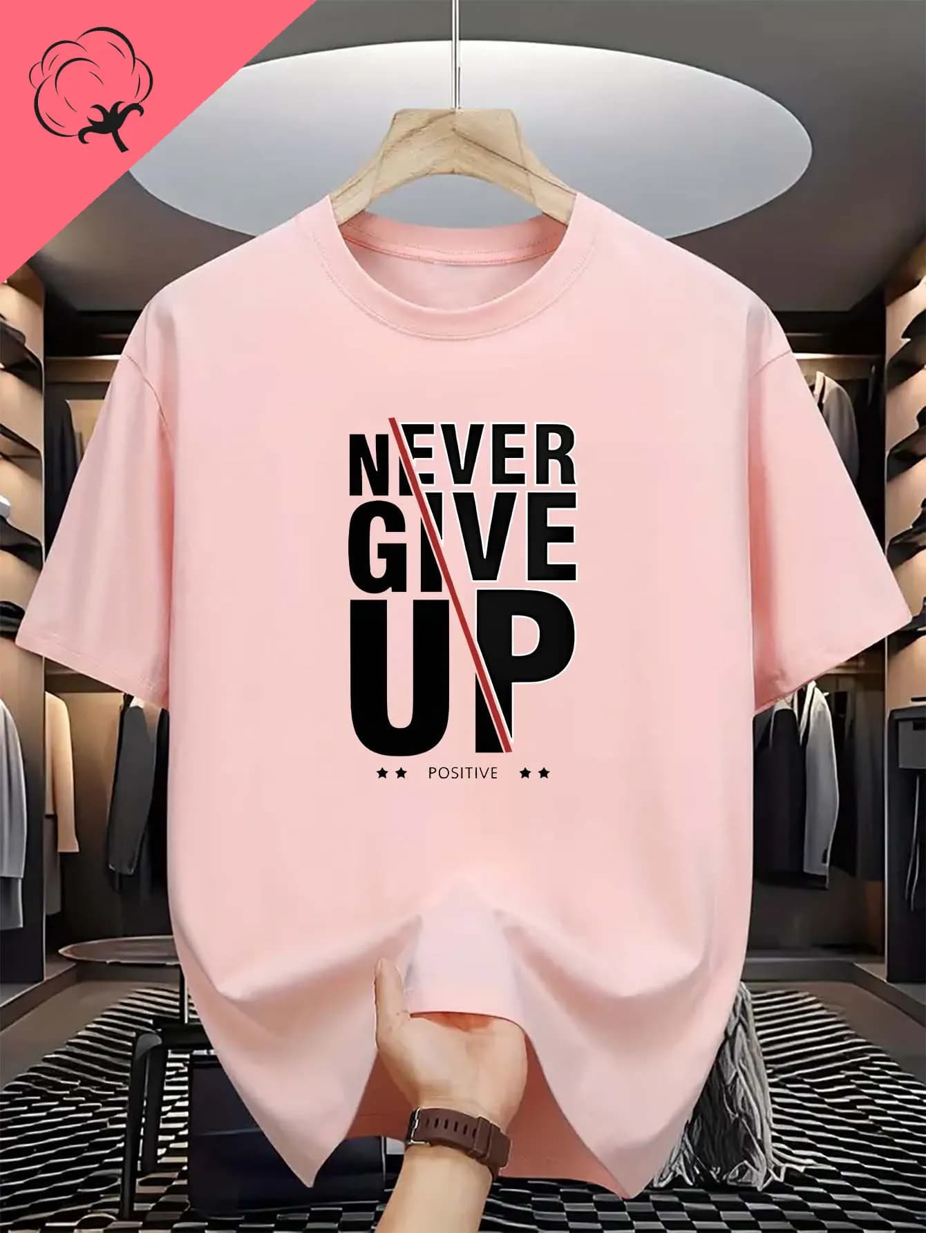 T-shirt pour homme à imprimé monogramme 'Positive' - 'Never Give Up' - Motif graphique tendance - Dé
