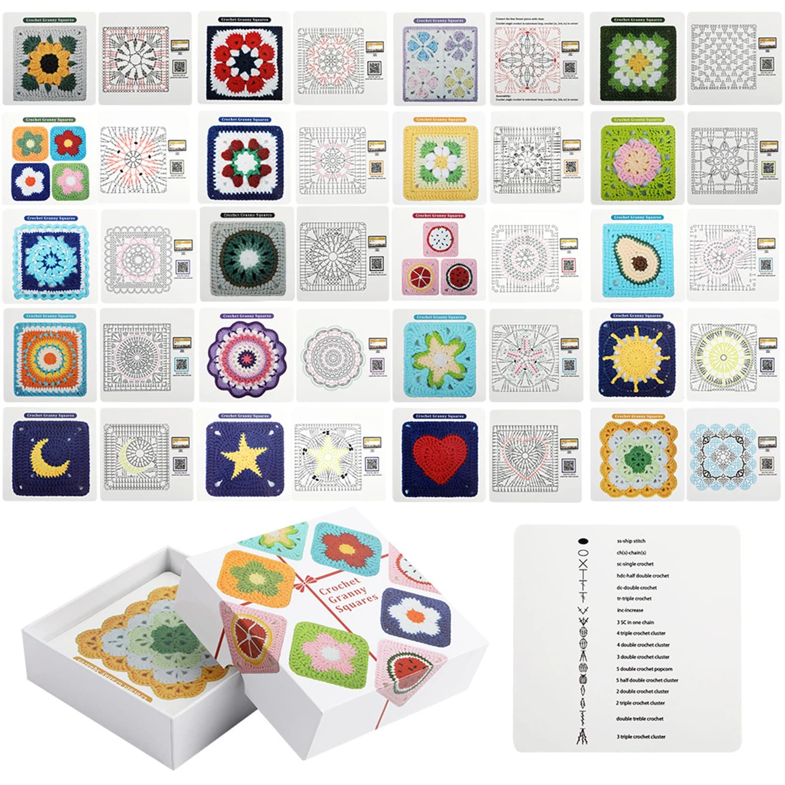Lot de 20 cartes de motifs tricotés DIY – Kit de cartes Granny Square au crochet pour débutants et a