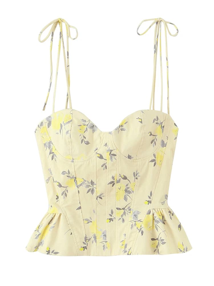 Chu Sau beauty Nouvelle mode féminine, haut court à imprimé floral doux, col en V français, dos nu s