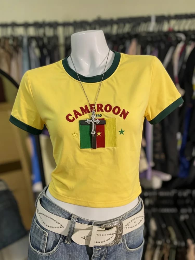 Crop top brodé avec le drapeau du Cameroun, t-shirt à manches courtes pour femmes, style Y2K, color 