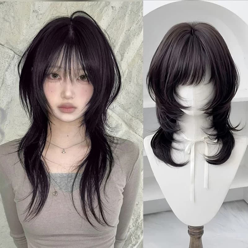 Perruque synthétique pour femmes, postiche de 18 pouces, coupe de cheveux mulet à plusieurs niveaux,
