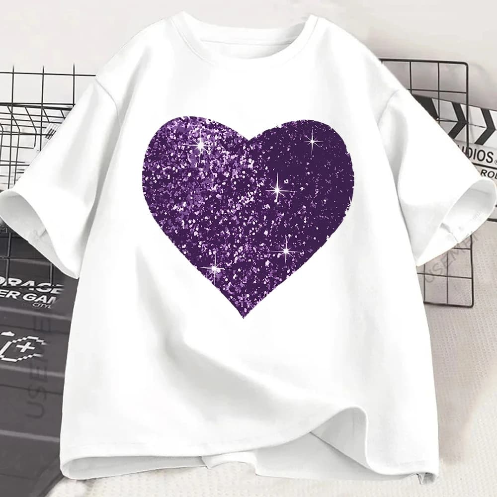 T-shirt Cœur Pailleté – Motif Amour Scintillant – Haut Esthétique Femme Tendance Style Y2K – Vêtemen