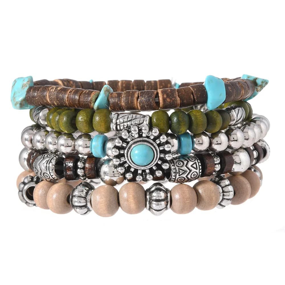 Bohême Vintage Tribal en bois perlé Bracelets pour hommes multicouche mode rétro fleur Turquoise Bra