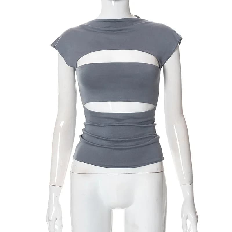 Sexy Wrap poitrine évider col roulé mince t-shirt femmes manches courtes chemise à bascule dames t-s