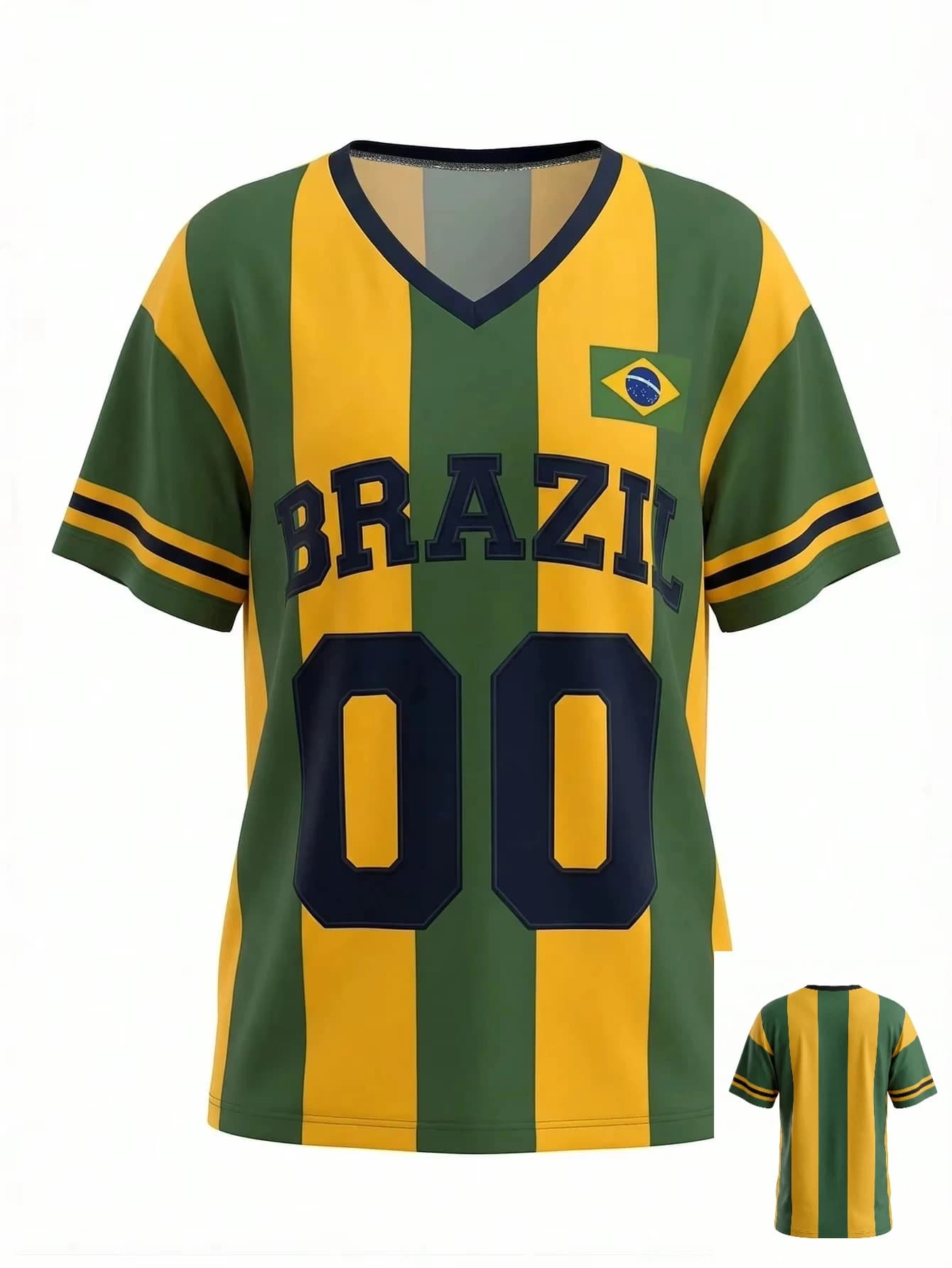 T-shirt ample à col en V imprimé rayé vert et jaune style Y2K Brésilien, streetwear sportif et éléga