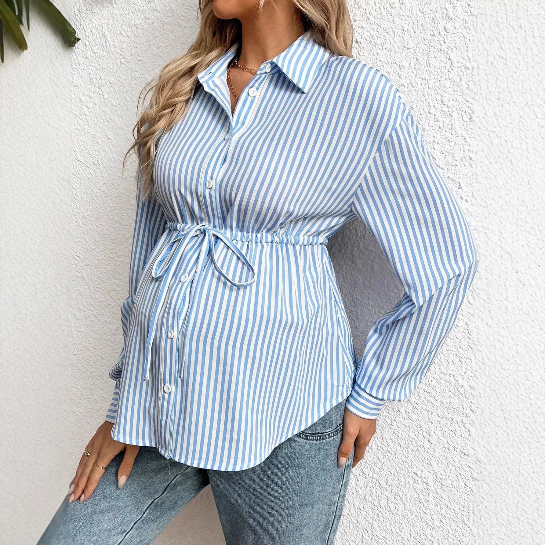 Chemisier à rayures pour femmes enceintes, hauts à manches longues avec revers et taille lacée, vête
