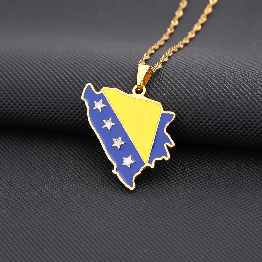 Collier pendentif drapeau carte Bosna i Hercegovina en acier inoxydable pour hommes et femmes, carte