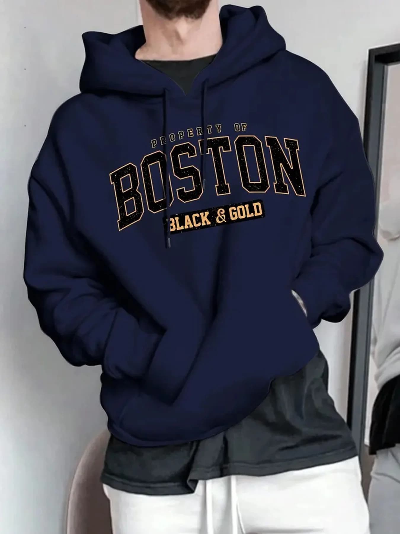 Sweat à capuche chaud en polaire imprimé lettre Boston pour hommes, cordon de serrage réglable, conf
