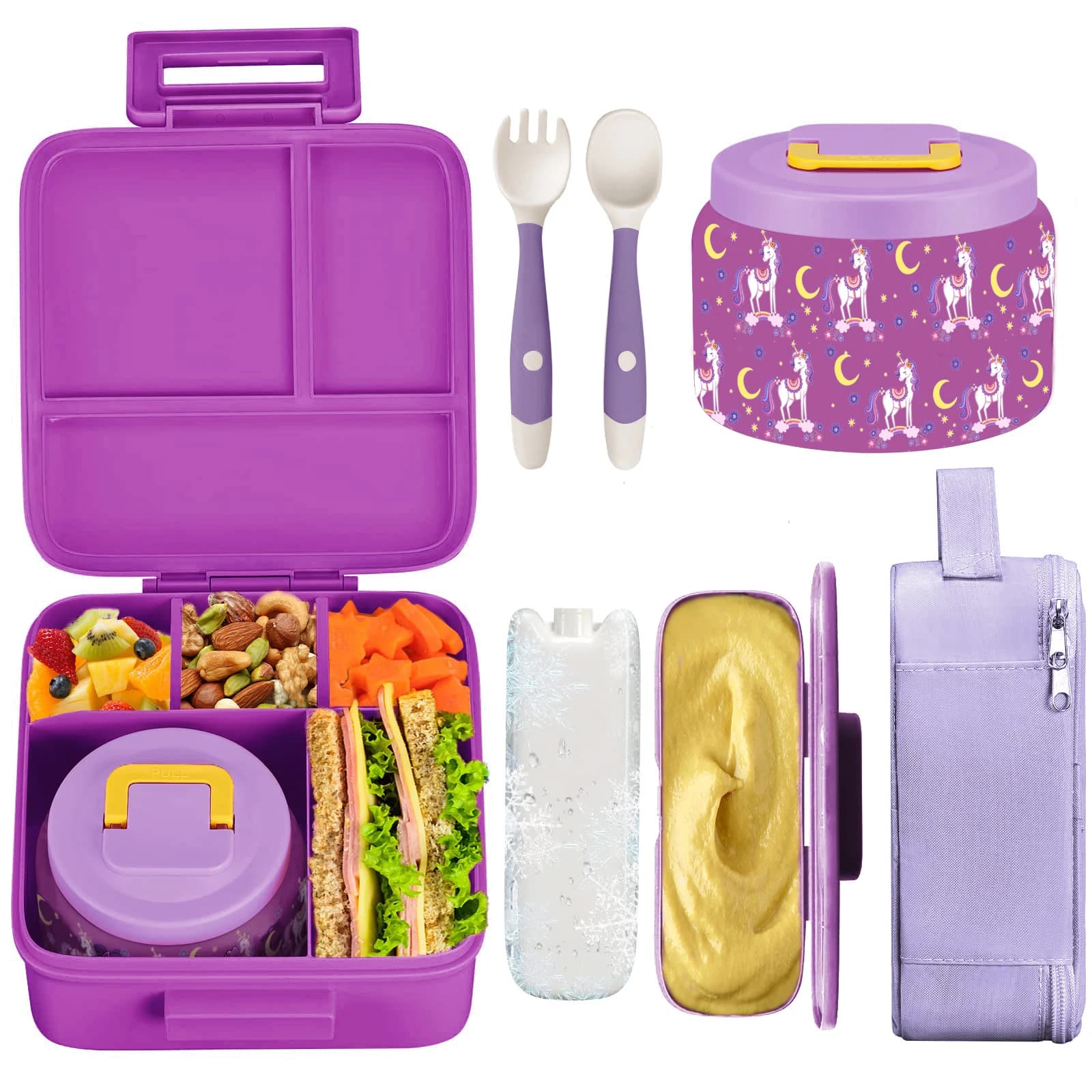 Boîte à déjeuner Bento pour enfants avec pot alimentaire isolé sous vide de 8oz, sac à déjeuner, sac