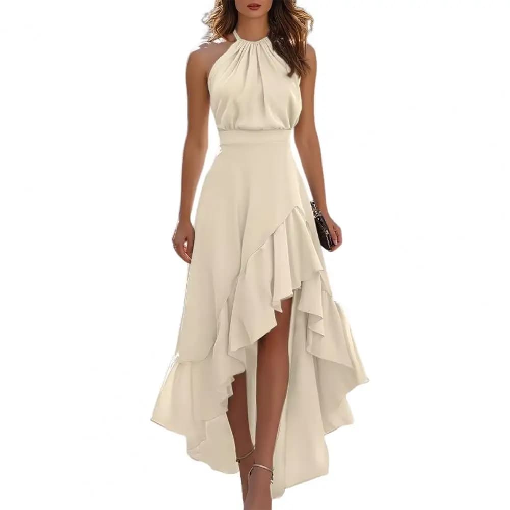 Robe de soirée asymétrique fluide à volants superposés pour femme, col halter sans manches, idéale p