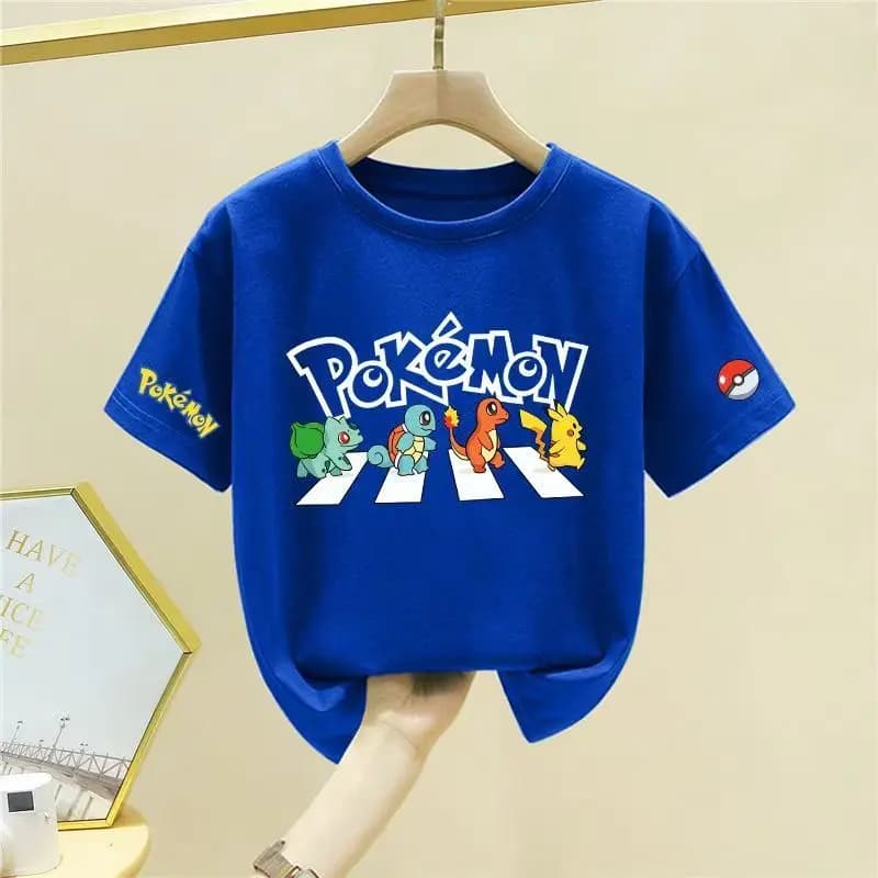 T-shirt pour enfants Pokemon, imprimé Pikachu Squirtle Charmander Bulbasaur, col rond, manches court