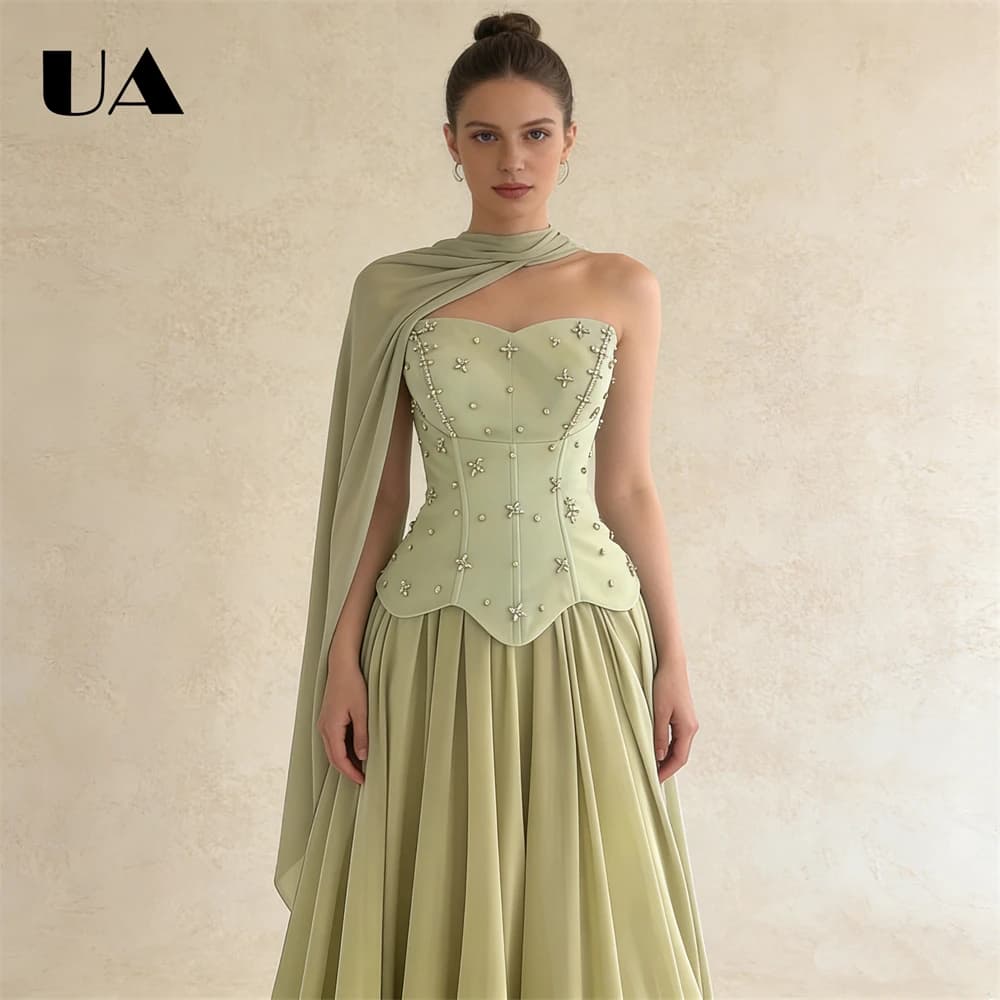 Robe de bal sans bretelles en satin vert sauge pour femmes, corsage corset orné, jupe trapèze fluide