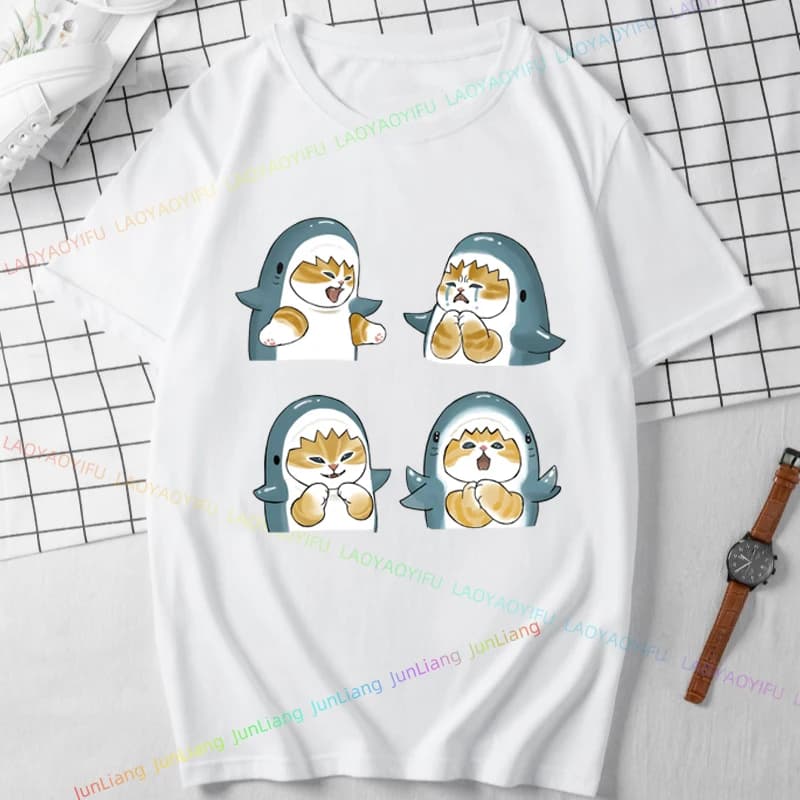 T-shirt unisexe imprimé chat et requin Kawaii pour hommes et femmes, Streetwear de style coréen, Éco