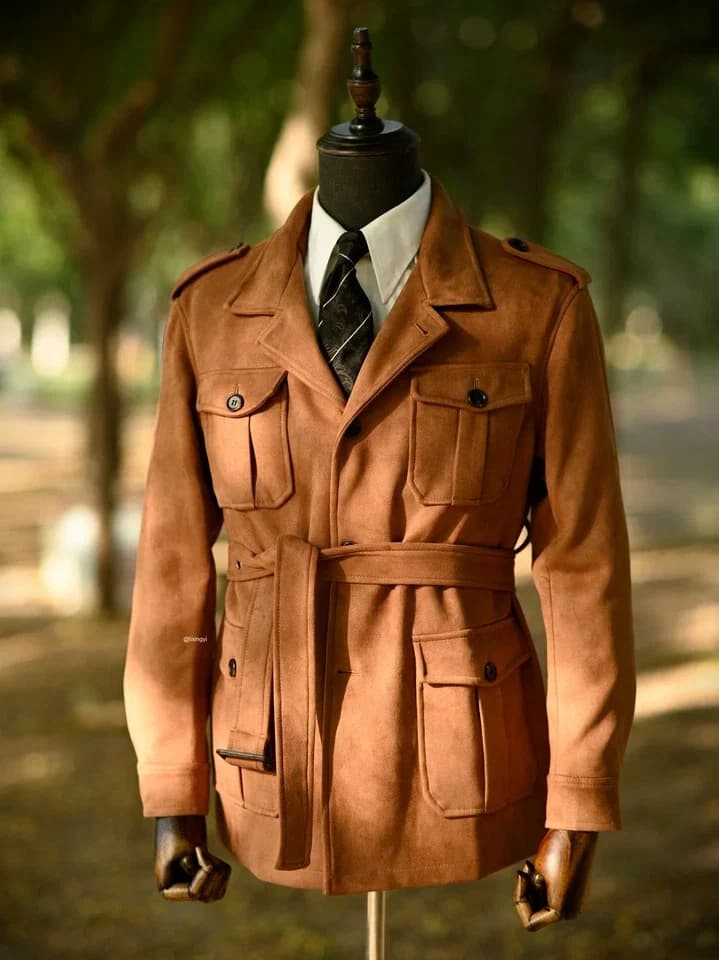Veste Safari Homme Marron Vintage avec Ceinture – Blazer de Chasse Décontracté pour Homme – Manteau