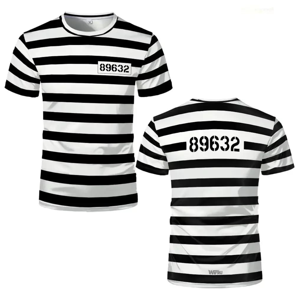 Nouveau T-shirt rayé Prisonnier 2026 Noir et Blanc Thème Prison Amusant et Original Manches Courtes 
