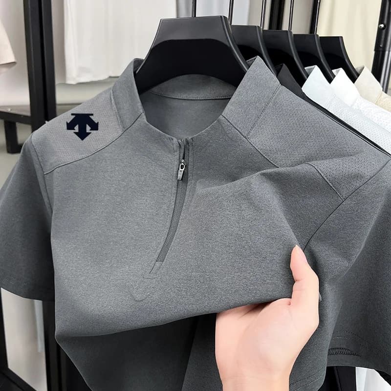 T-shirt imprimé uni original pour homme, col montant, demi-zip, respirant, à manches courtes, collec