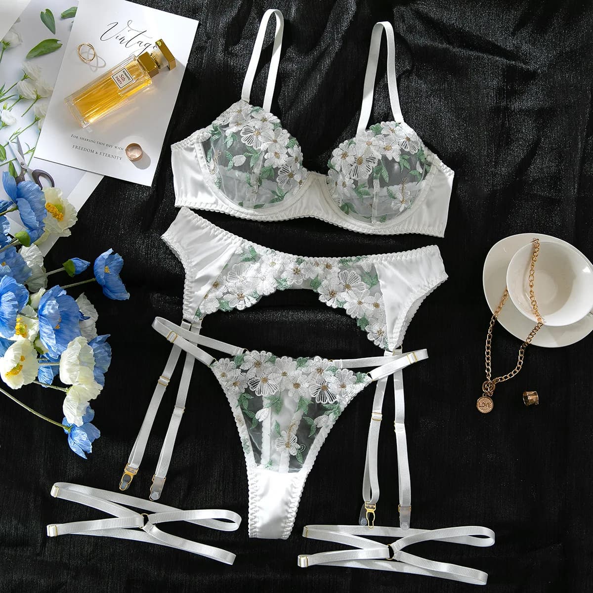 Ensemble de lingerie sexy pour femmes, 3 pièces, broderie florale, lingerie érotique sexy, ensembles