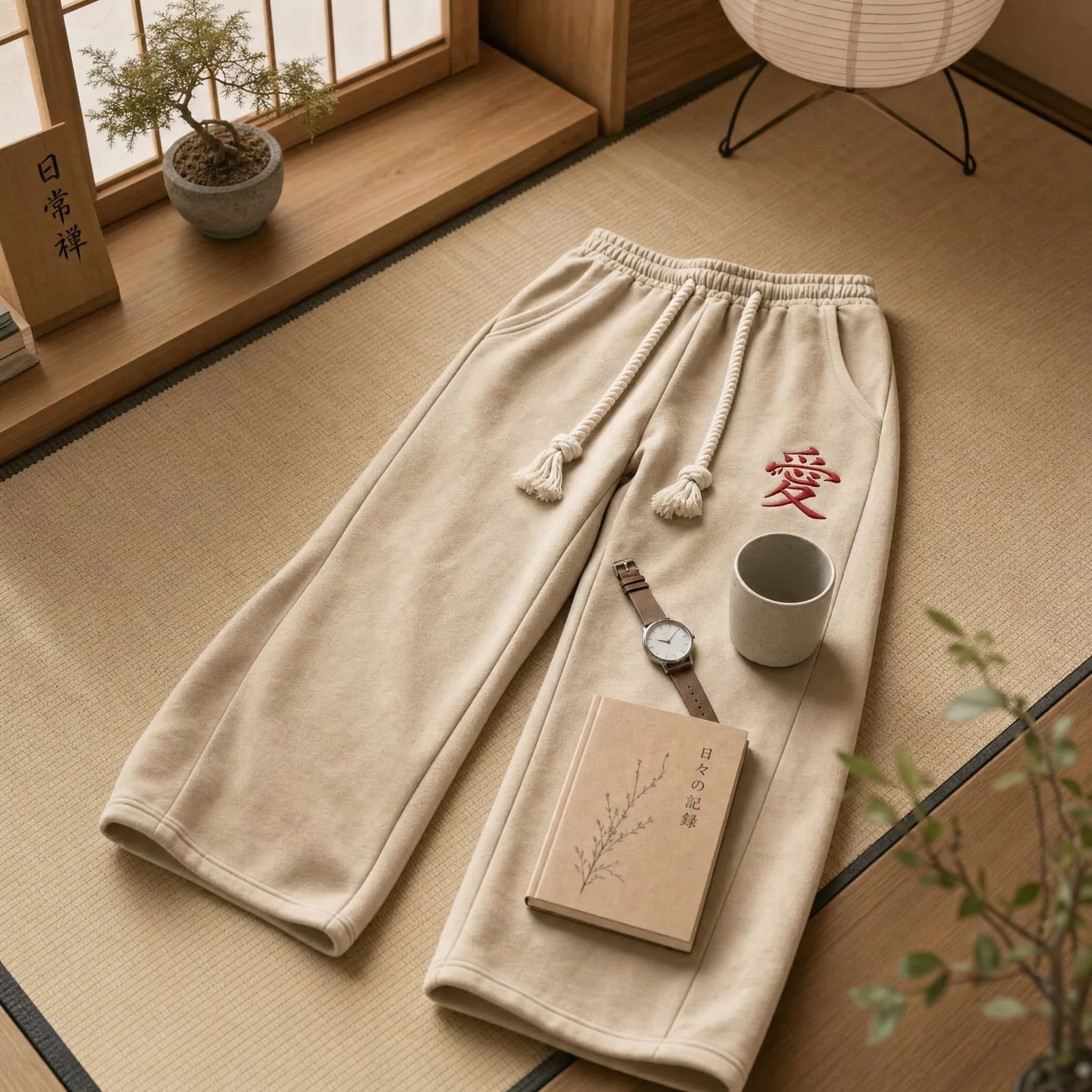 Pantalon de survêtement beige unisexe avec broderie rouge motif cœurs chinois, taille à cordon, coup