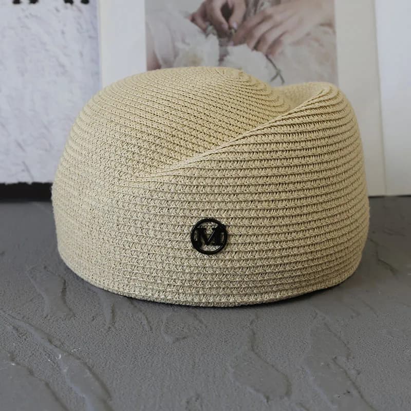 Béret tissé de créateur pour femme – Chapeau respirant en paille avec logo M – Style français élégan
