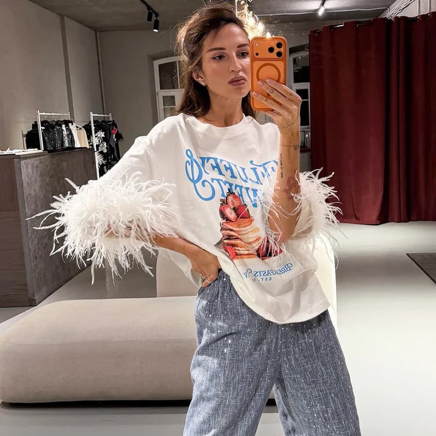 T-shirt imprimé patchwork plumes tendance pour femme, col rond décontracté, manches mi-longues, coup