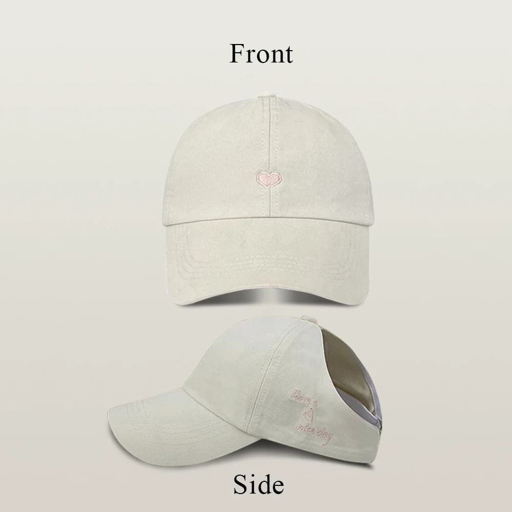 Casquette de baseball queue de cheval avec broderie cœur d'amour, casquette à visière réglable, chap