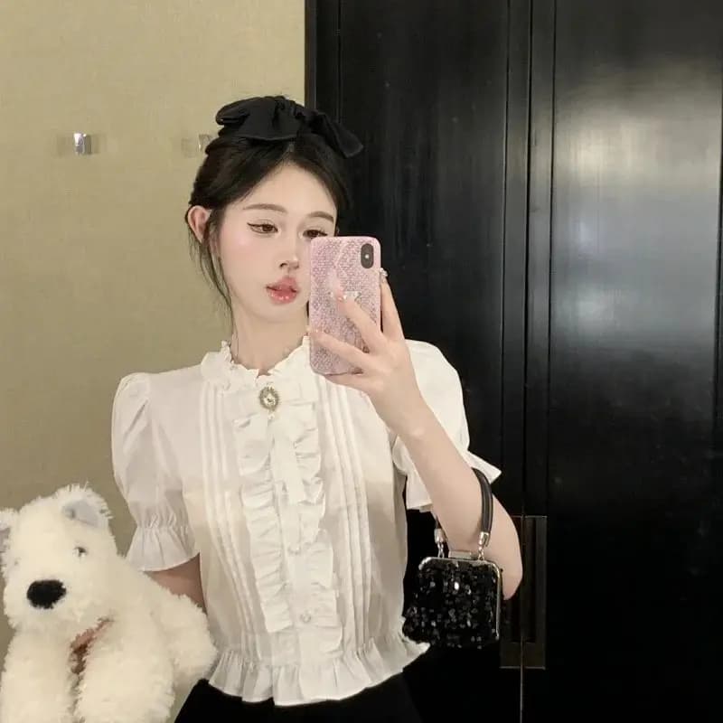 Chemises à manches bouffantes pour femmes, à volants blancs, élégantes, Vintage, bureau, esthétique,
