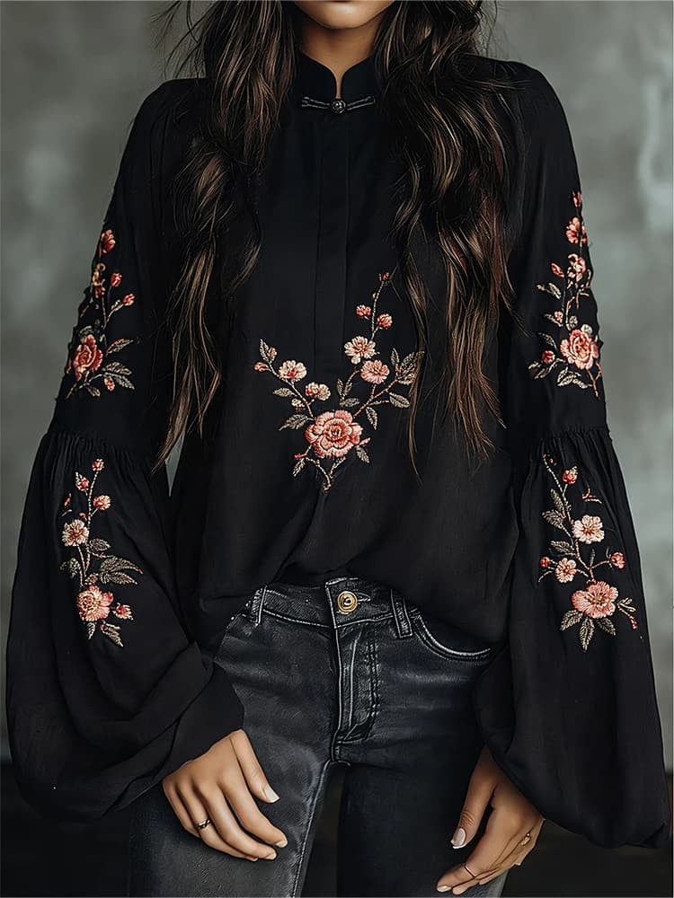 Chemisier Bohème Grande Taille pour Femme, Col Mandarin, Broderie Florale, Manches Longues, Coupe Am