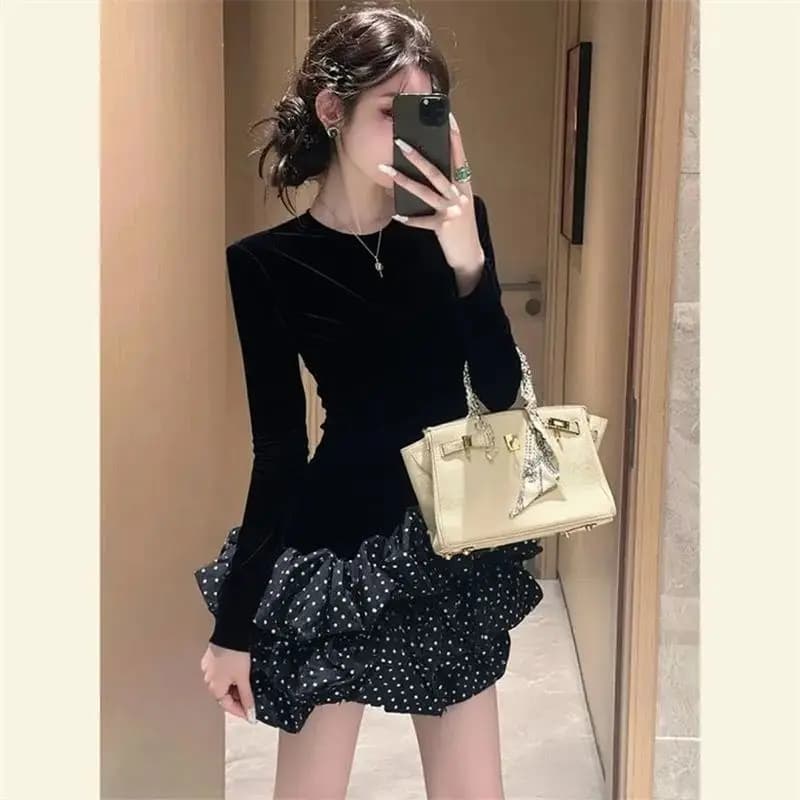 Robe en velours avec coutures de bourgeons de fleurs pour femmes, jupe exquise enveloppée sur les br