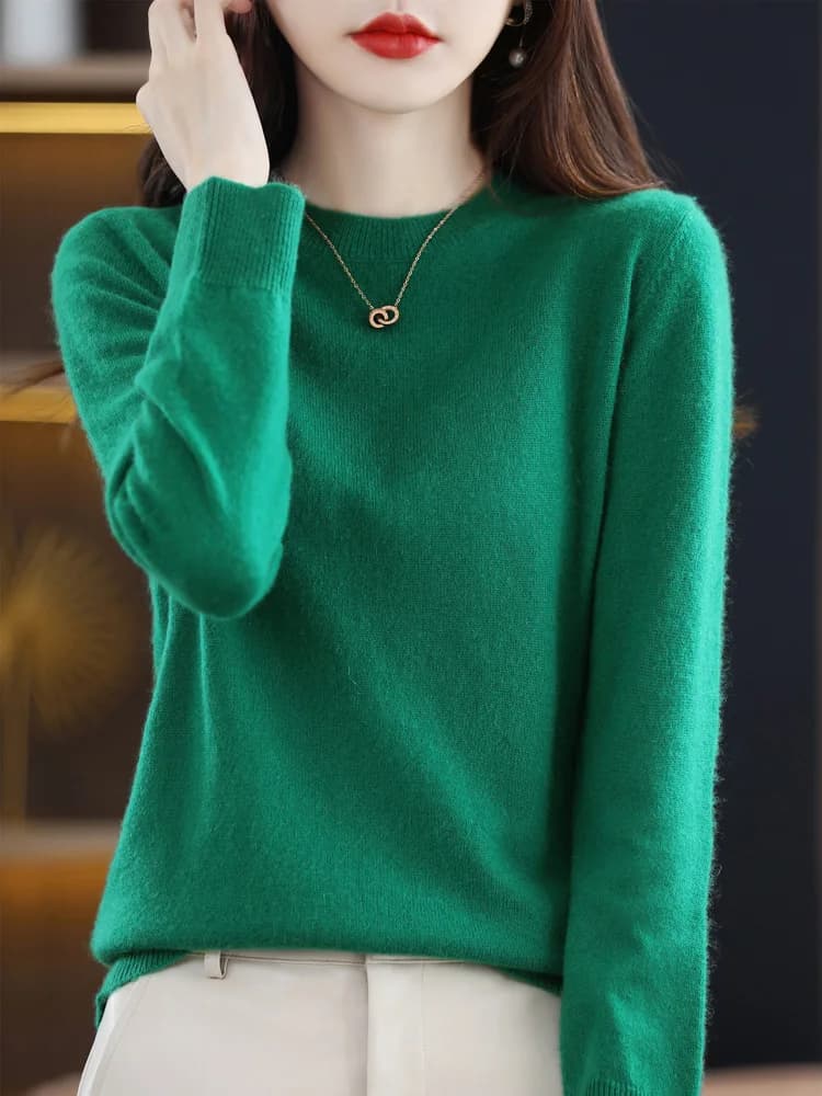 Mode 100% laine mérinos femmes pull col rond à manches longues pull printemps automne hiver basique 