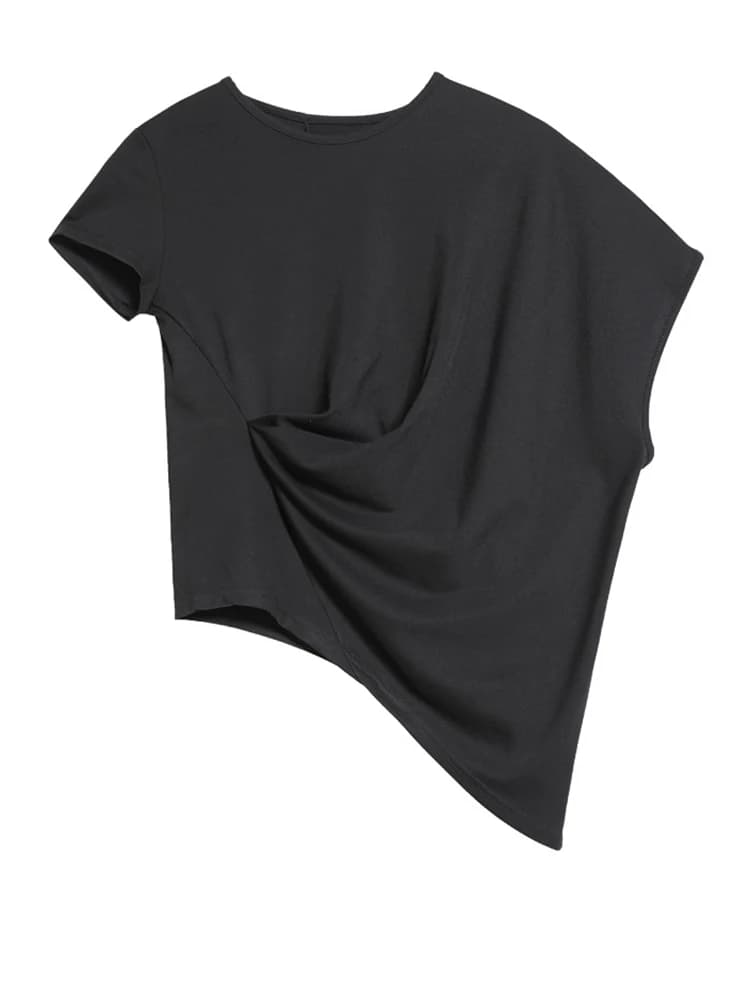 [EAM] femmes noir asymétrique plissé grande taille T-shirt nouveau col rond manches chauve-souris mo