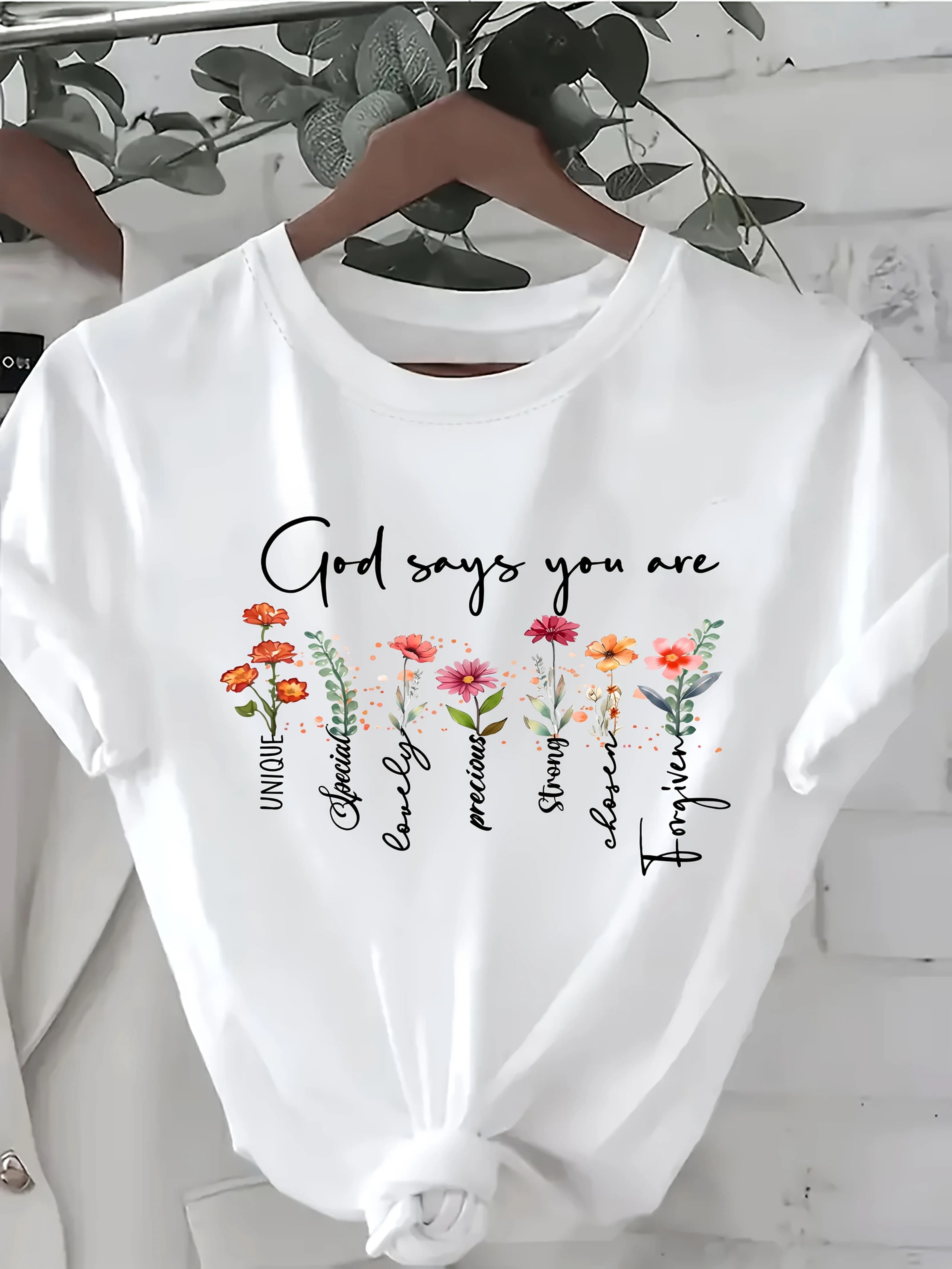 T-Shirt femme imprimé fleuri d'inspiration chrétienne Dieu vous dites fleurs vibrantes décontracté c