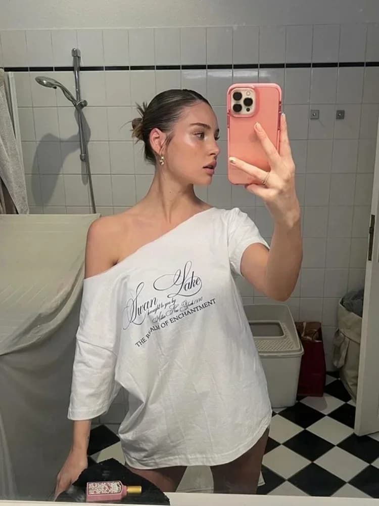 T-shirts surdimensionnés pour femmes, Streetwear, col incliné, haut Y2k, lettres imprimées, manches