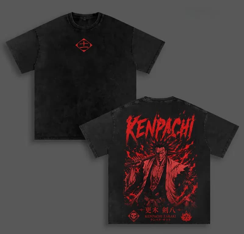 T-shirt Zaraki Kenpachi BLEACH pour homme, imprimé manga, vintage, délavé, en coton, pour l'été, vêt