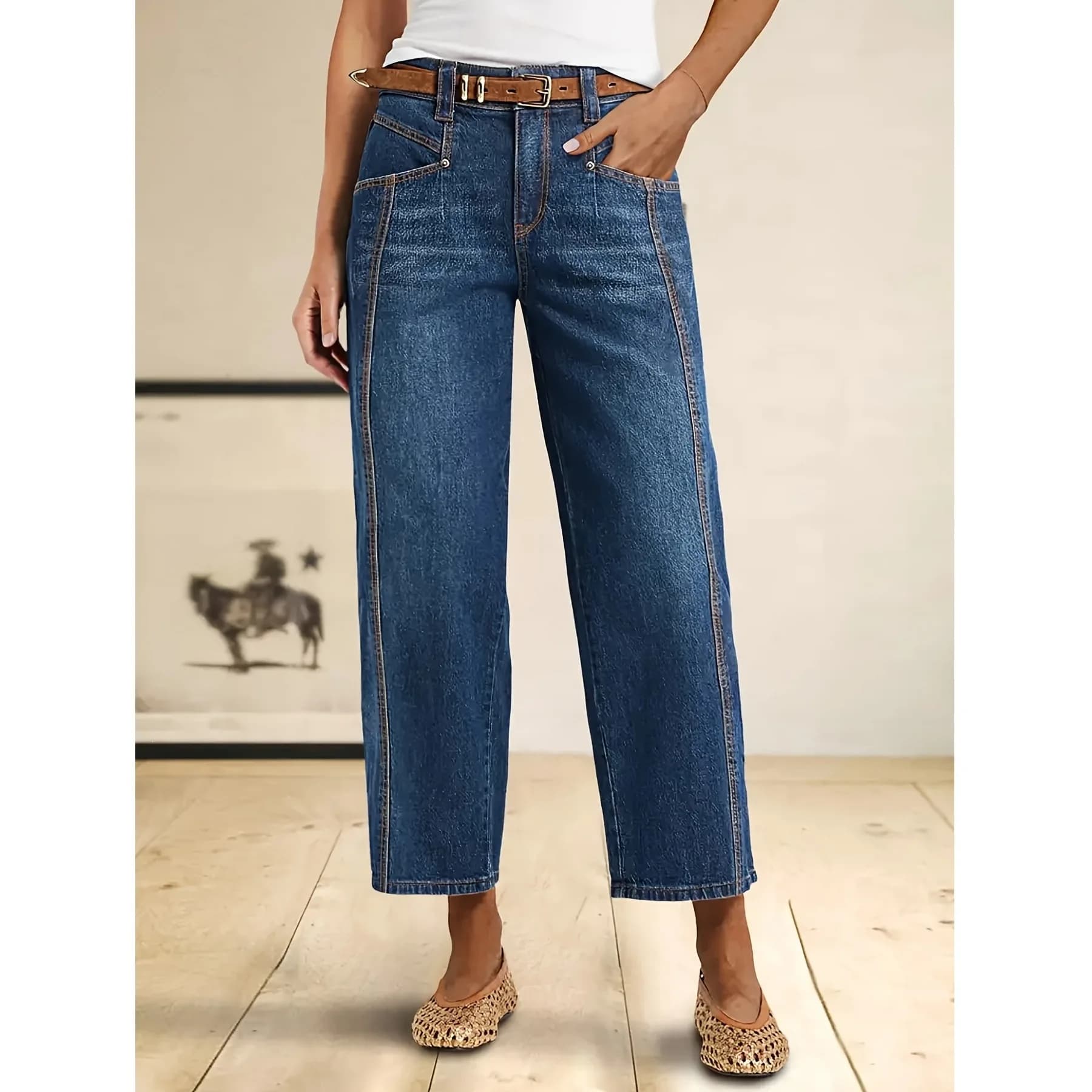 Jean en denim délavé élégant à coupe droite et ample, pantalon en jean élastique polyvalent et tenda