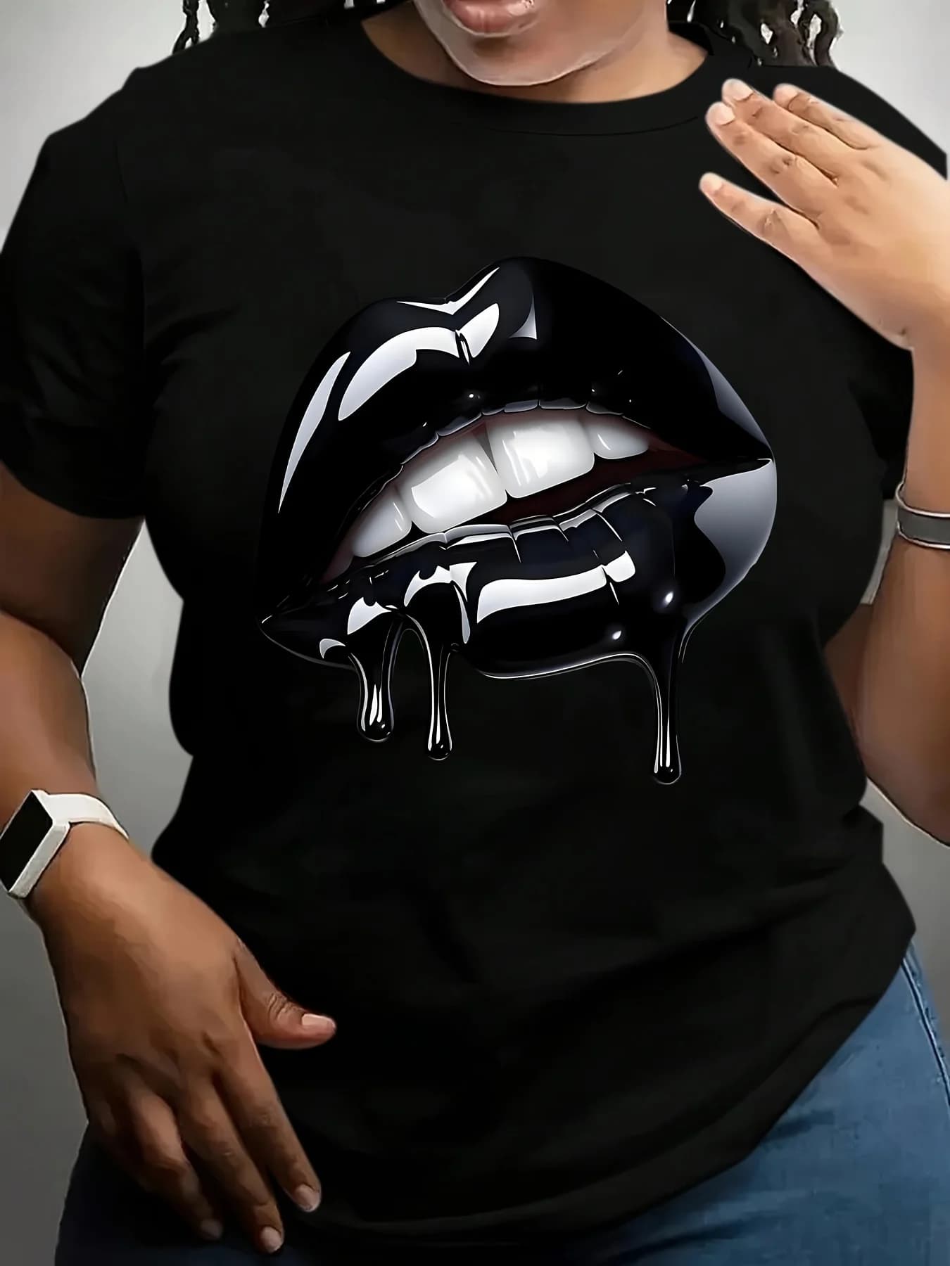 T-shirt surdimensionné pour femmes avec imprimé lèvres brillantes, col rond respirant, manches court