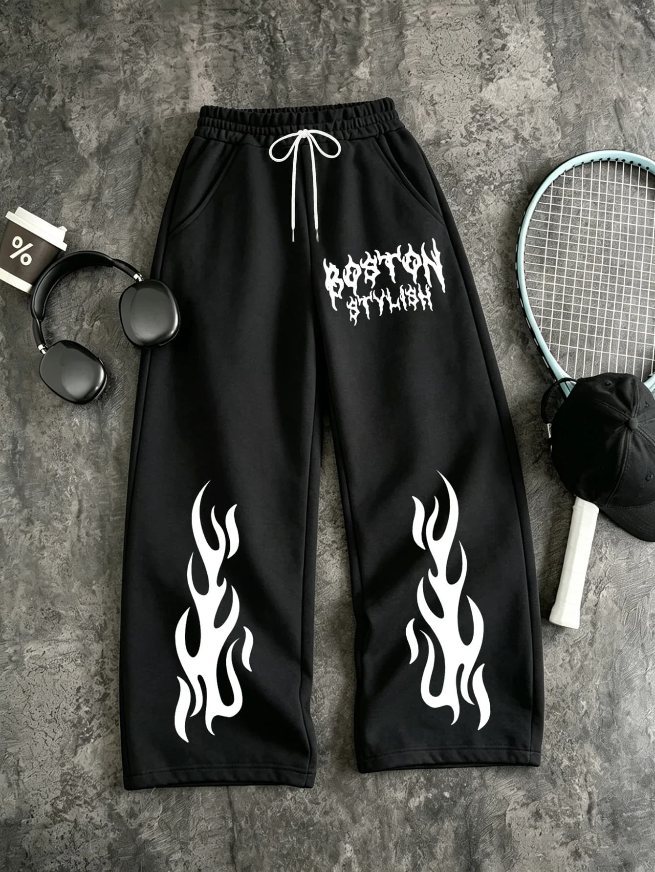 Pantalon de jogging noir, ample, à jambes larges, pour hommes, avec imprimé de flammes blanches et d