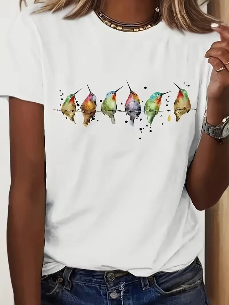 T-shirt unisexe décontracté en coton à col rond et manches courtes avec imprimé colibris aquarelle e