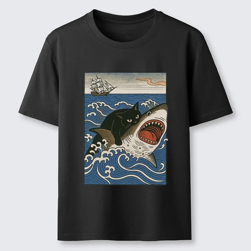 T-shirt classique à manches courtes et col rond en pur coton pour homme, motif requin chasseur de ch